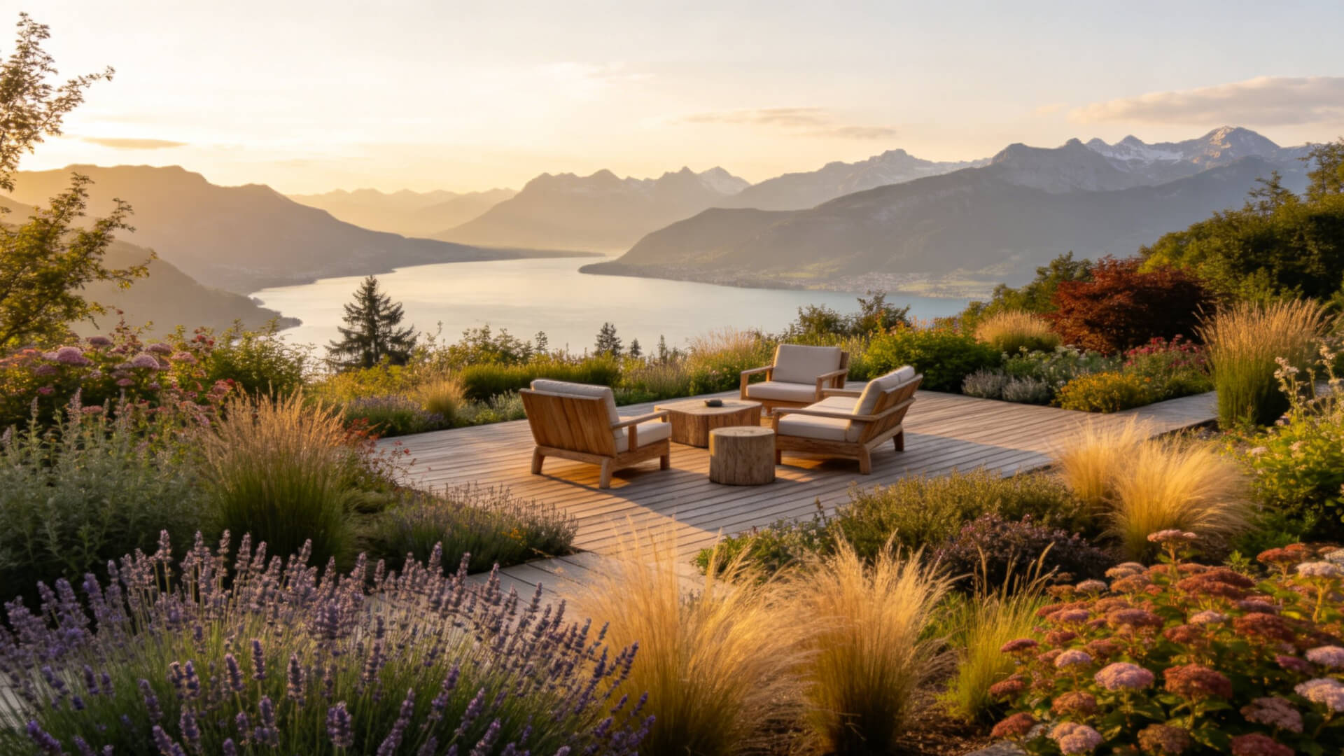 Jardin naturel sur le Plateau de Gavot avec vue sur le lac Léman et les Alpes